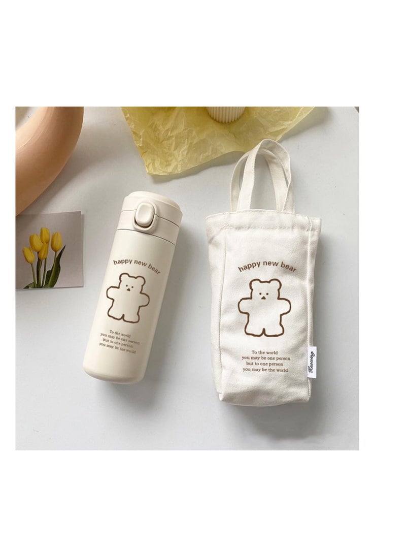 SYOSI زجاجة مياه ترمس، زجاجة مياه حرارية دب كاواي، زجاجة مياه معزولة مضادة للتسرب، زجاجة حرارية من الفولاذ المقاوم للصدأ محمولة مع غلاف قماشي للمشروبات الساخنة أو الباردة - Image 4