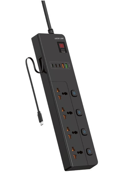 GS-900 Power Socket 3M 3500W with Retractable USB-C Cable / 4 Universal Sockets/ 2 USB-A/ 3 USB-C / UK Plug / Digital Timer Display/ Safeguard / Child Safety Door / Safe Power Strip - Black