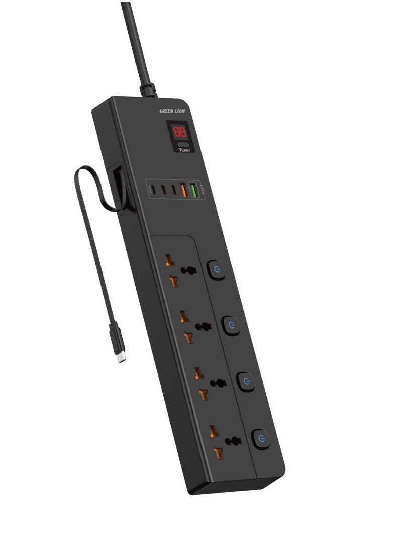 GREEN LION GS-900 Power Socket 3M 3500W with Retractable USB-C Cable / 4 Universal Sockets/ 2 USB-A/ 3 USB-C / UK Plug / Digital Timer Display/ Safeguard / Child Safety Door / Safe Power Strip - Black  - Image 1