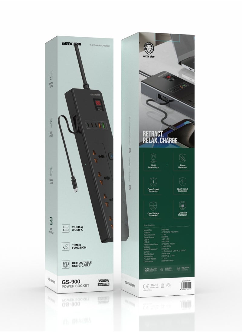 GREEN LION GS-900 Power Socket 3M 3500W with Retractable USB-C Cable / 4 Universal Sockets/ 2 USB-A/ 3 USB-C / UK Plug / Digital Timer Display/ Safeguard / Child Safety Door / Safe Power Strip - Black  - Image 2