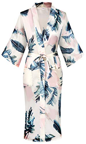 Valennia Women Long Silky Bathrobe Satin Kimono Robe Floral Printed Dressing Gown Sleepwear - Image 1