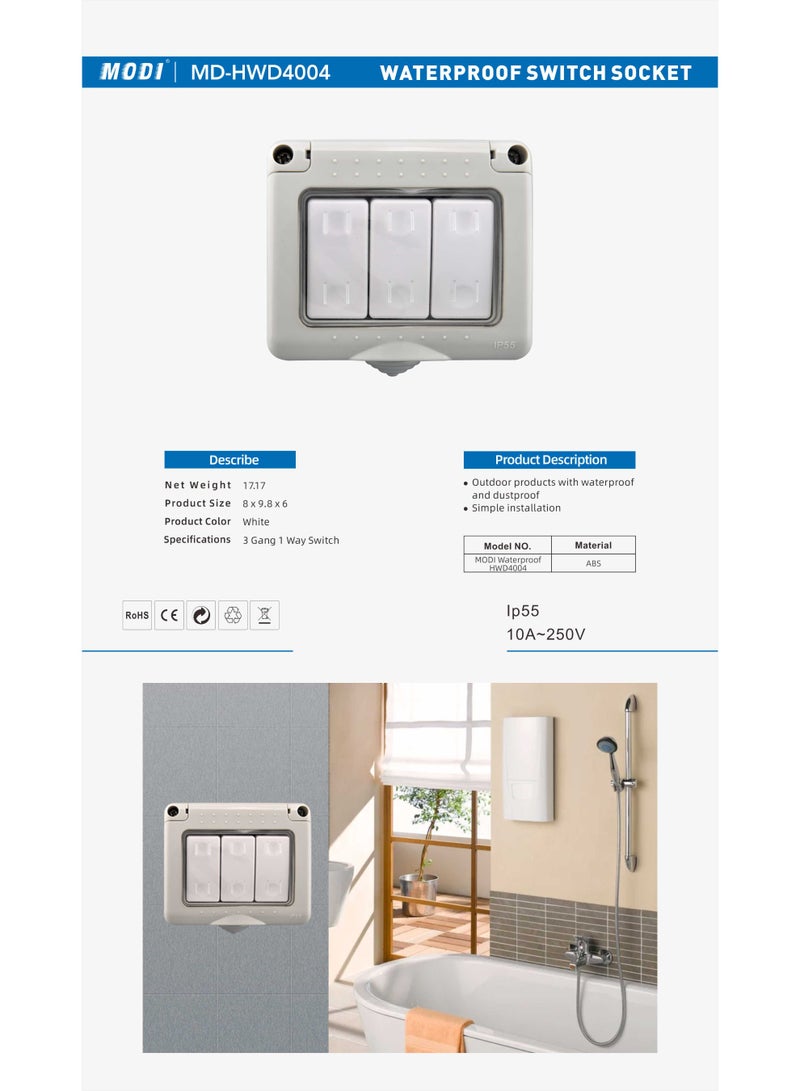 MODI Waterproof Switch Socket, 3 Gang 1 Way Outdoor Wall Switch, IP55 Weatherproof & Dustproof, ABS Material – White, 10A 250V for Bathroom, Garden, Outdoor Use - Image 2