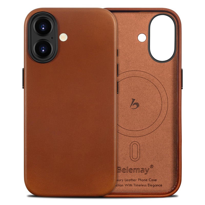 Belemay Handcrafted Full-Grain Vegetable-Tanned Leather Case for iPhone 17, Compatible with MagSafe, Classy Two-Tone Effect, Natural Patina, Camera Control Button, Metal Buttons (6.3"), Saddle Brown - Image 1