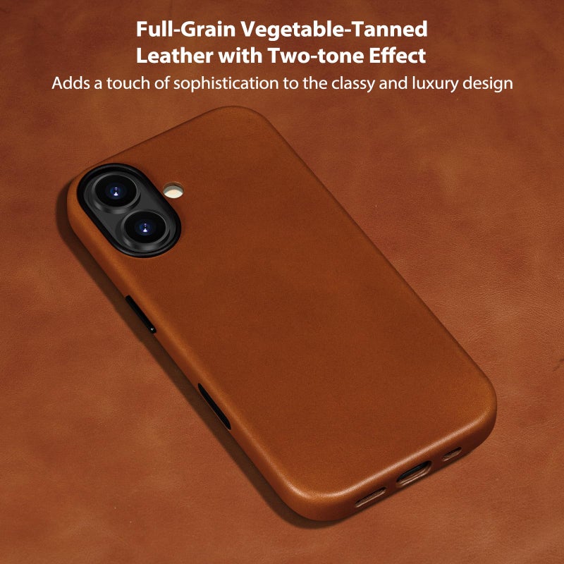 Belemay Handcrafted Full-Grain Vegetable-Tanned Leather Case for iPhone 17, Compatible with MagSafe, Classy Two-Tone Effect, Natural Patina, Camera Control Button, Metal Buttons (6.3"), Saddle Brown - Image 2