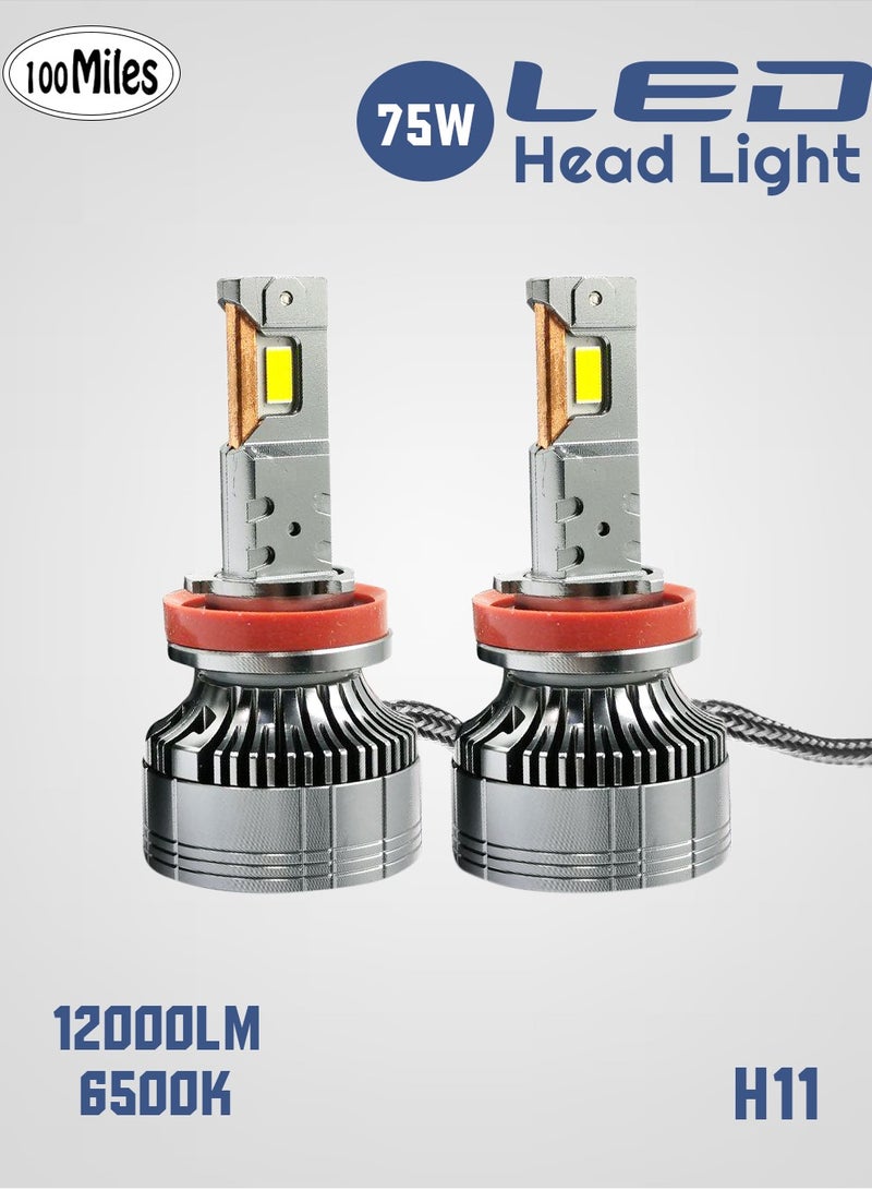 100مايلز مصباح LED للسيارة H11 75W 12000LM 6500K مصباح أمامي LED للسيارة مع نظام مروحة التبريد - 100 ميل - Image 1