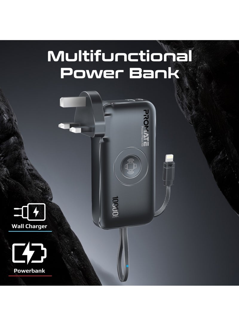 PROMATE 10000 mAh Promate Power Bank and AC Wall Charger with Wireless Apple Watch Charger, 20W USB-C In/Out Port, Built-In Lightning Cable, 22.5W USB-A Quick Charge, Digital Display, and Multi-Protection System, PowerPack-10i Black - Image 2
