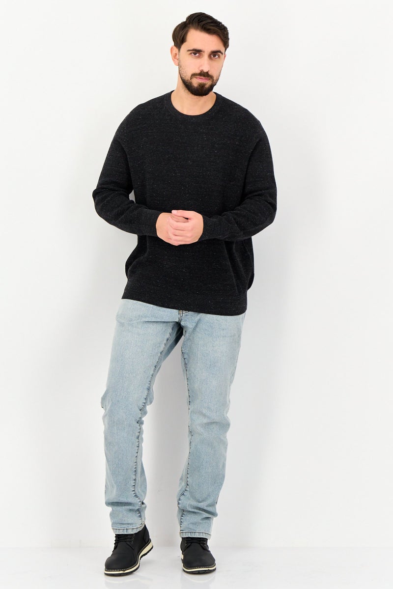 Celio Men Crew Neck Textured Long Sleeve Sweater, Black - Image 2