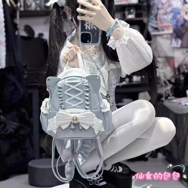 حقيبة ظهر بأذني قطط مع دانتيل للطلاب، سعة كبيرة بأسلوب لوليتا - Image 2