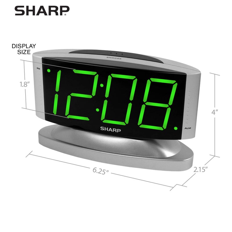 Sharp Home LED Digital Alarm Clock â€“ Swivel Base - Outlet Powered, Simple Operation, Alarm, Snooze, Brightness Dimmer, Big Green Digit Display, Silver Case - Image 4