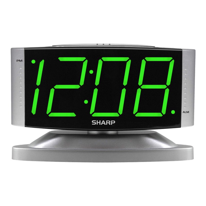 Sharp Home LED Digital Alarm Clock â€“ Swivel Base - Outlet Powered, Simple Operation, Alarm, Snooze, Brightness Dimmer, Big Green Digit Display, Silver Case - Image 1