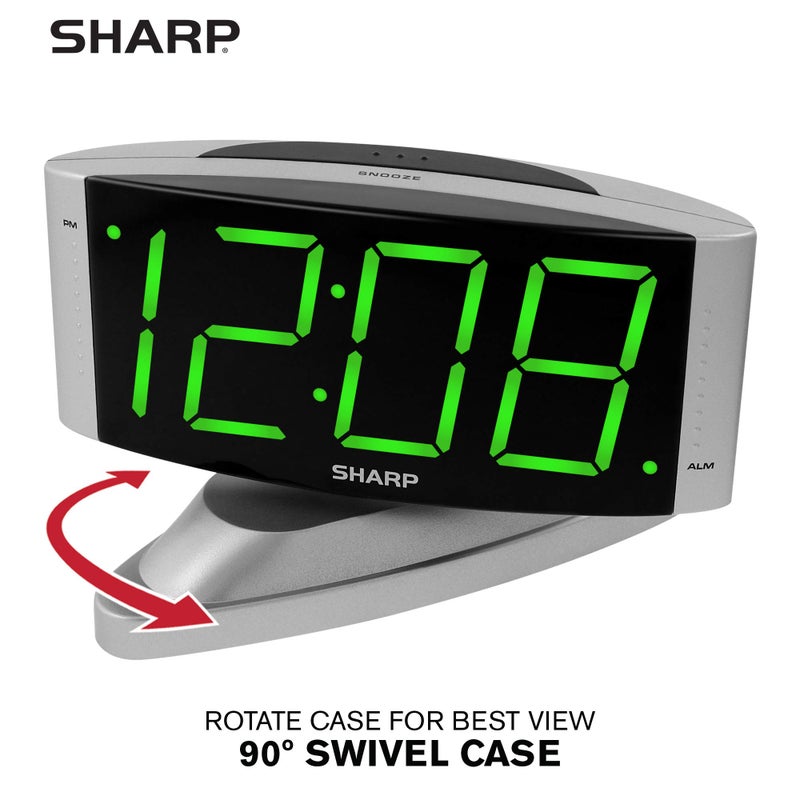 Sharp Home LED Digital Alarm Clock â€“ Swivel Base - Outlet Powered, Simple Operation, Alarm, Snooze, Brightness Dimmer, Big Green Digit Display, Silver Case - Image 2
