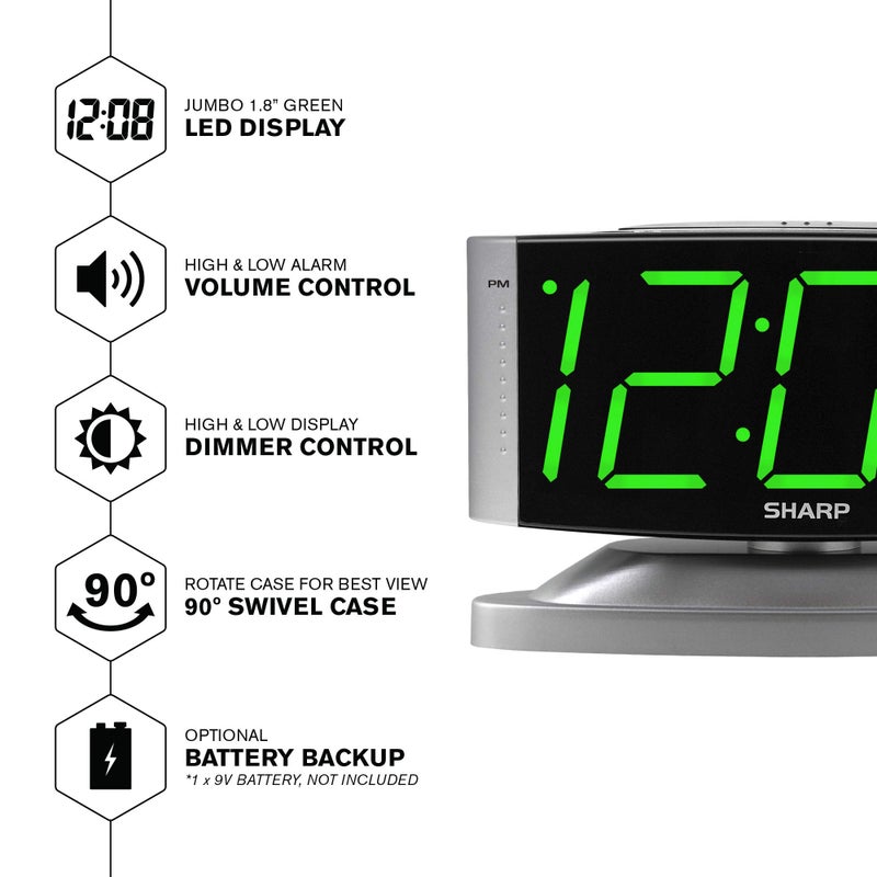 Sharp Home LED Digital Alarm Clock â€“ Swivel Base - Outlet Powered, Simple Operation, Alarm, Snooze, Brightness Dimmer, Big Green Digit Display, Silver Case - Image 3