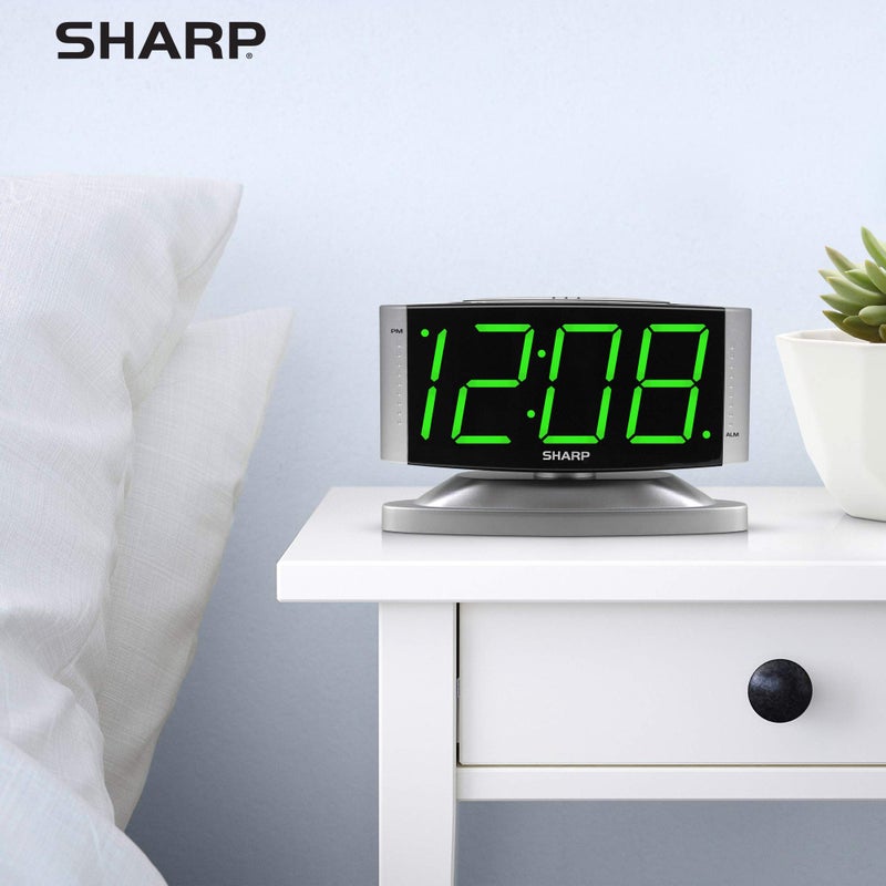Sharp Home LED Digital Alarm Clock â€“ Swivel Base - Outlet Powered, Simple Operation, Alarm, Snooze, Brightness Dimmer, Big Green Digit Display, Silver Case - Image 5