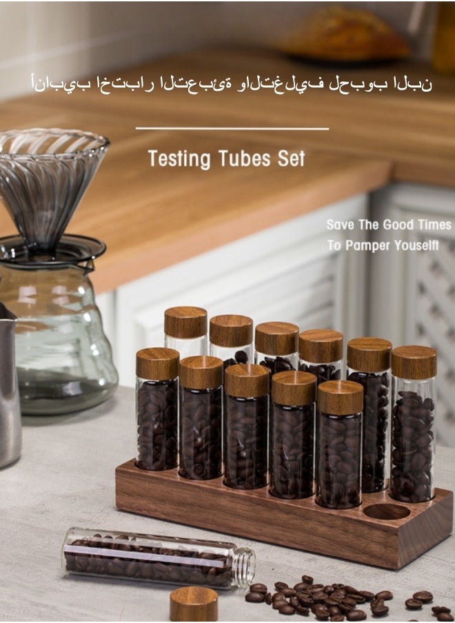 XiuWoo - 12 Bottles of High Borosilicate Glass Coffee Beans, Container, Test Tubes, Sealed Jars, Storage and Preservation Bottles with Walnut Display Rack, Silicone Funnel - Image 1