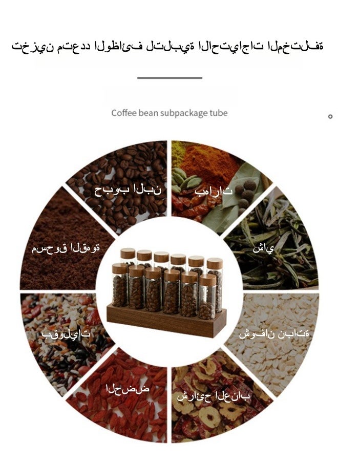 XiuWoo - 12 Bottles of High Borosilicate Glass Coffee Beans, Container, Test Tubes, Sealed Jars, Storage and Preservation Bottles with Walnut Display Rack, Silicone Funnel - Image 1