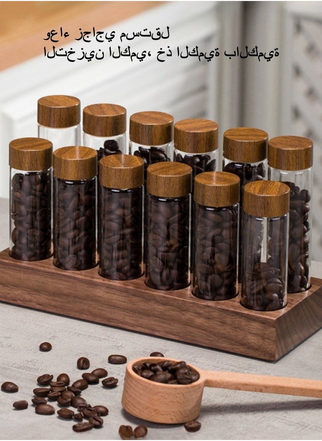 XiuWoo - 12 Bottles of High Borosilicate Glass Coffee Beans, Container, Test Tubes, Sealed Jars, Storage and Preservation Bottles with Walnut Display Rack, Silicone Funnel - Image 1
