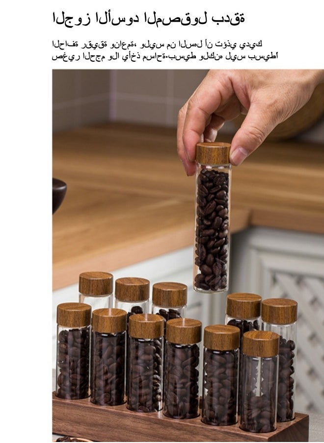 XiuWoo - 12 Bottles of High Borosilicate Glass Coffee Beans, Container, Test Tubes, Sealed Jars, Storage and Preservation Bottles with Walnut Display Rack, Silicone Funnel - Image 1