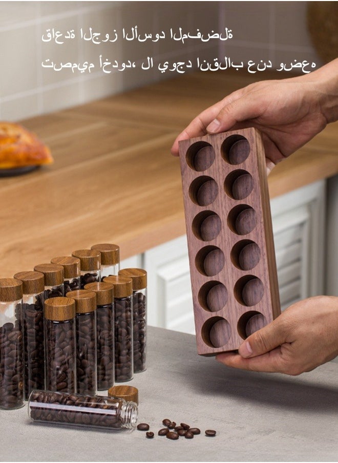 XiuWoo - 12 Bottles of High Borosilicate Glass Coffee Beans, Container, Test Tubes, Sealed Jars, Storage and Preservation Bottles with Walnut Display Rack, Silicone Funnel - Image 1