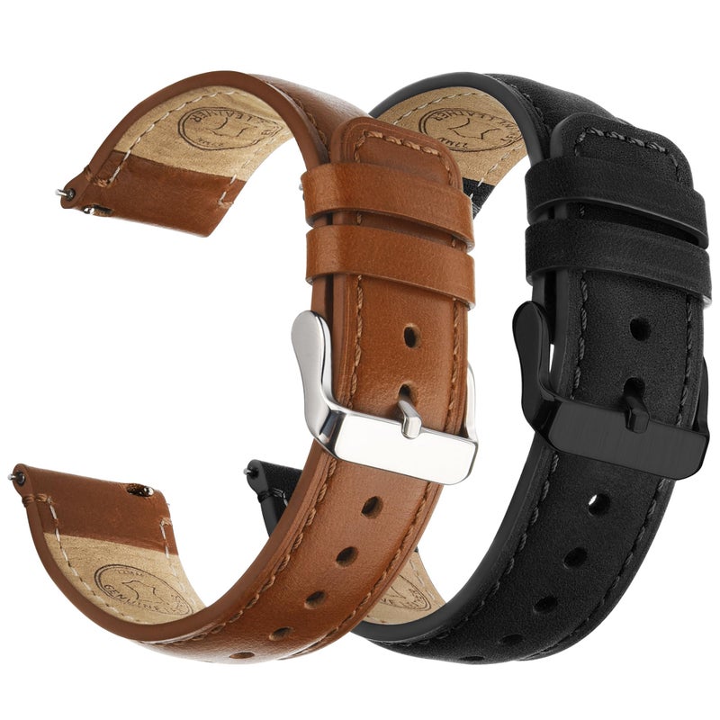 Fullmosa 18mm 20mm 22mm 24mm Leather Watch Bands 2 Pack Soft Quick Release Watch Strap Compatible with Garmin Vivoactive 5643 Venu 43S2S Samsung Galaxy Fossil Amazfit for Men Women22mm Toffee BrownSilverBlackBlack - Image 2