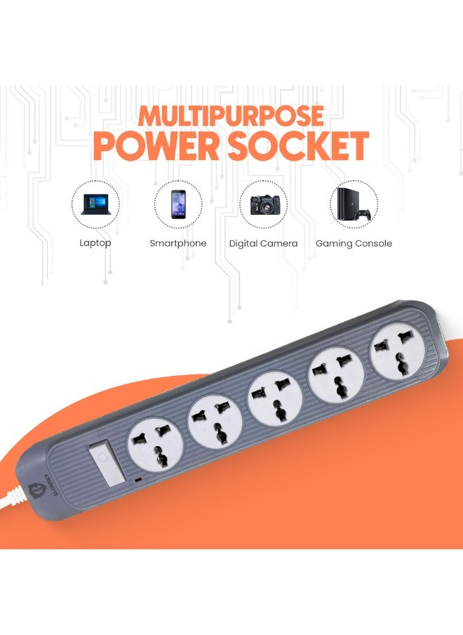 ELONSEY Universal Power Extension Cord with 5 Power Plugs 5m, 5 Way Power Strip, Extension Lead 5 meters - Grey  - Image 4