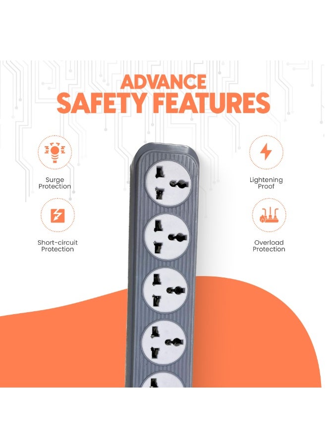 ELONSEY Universal Power Extension Cord with 5 Power Plugs 5m, 5 Way Power Strip, Extension Lead 5 meters - Grey  - Image 5
