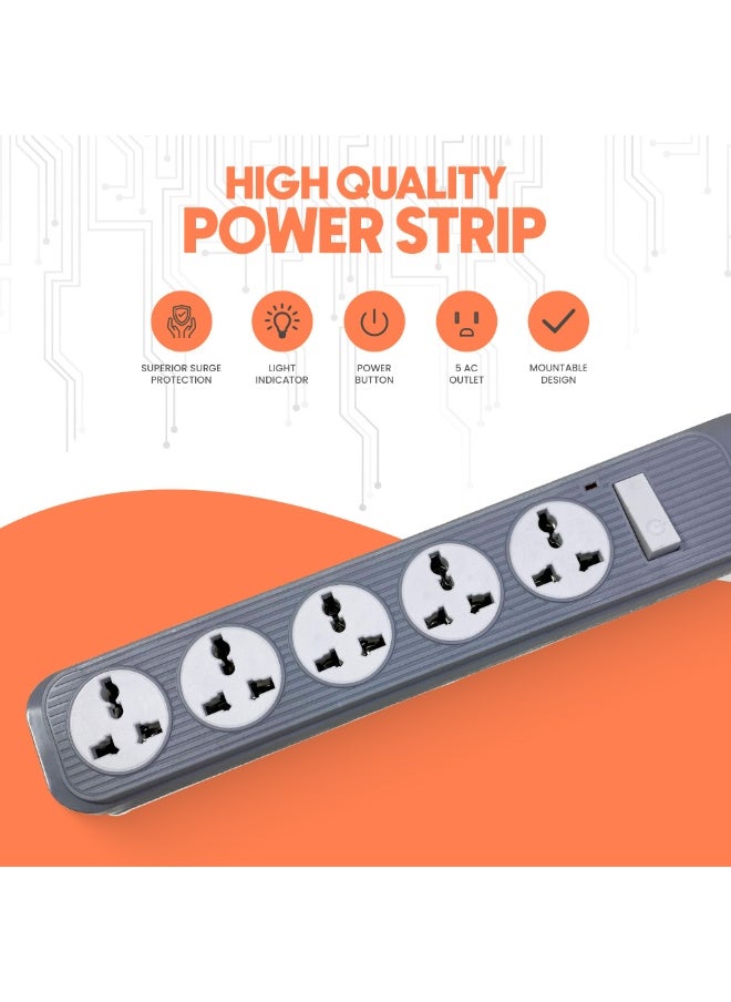 ELONSEY Universal Power Extension Cord with 5 Power Plugs 5m, 5 Way Power Strip, Extension Lead 5 meters - Grey  - Image 2