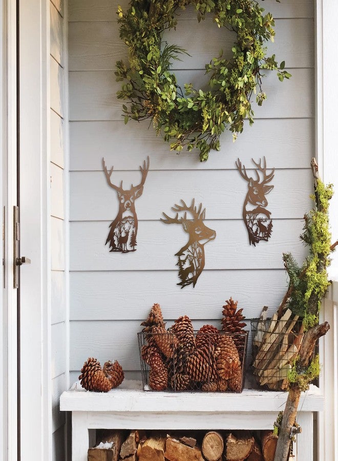 J-Fly Deer Metal Wall Art 9 Inch Deer Silhouette Wall Decor Rustic Forest Hunting Sign Woodland Valentine Decor for Fence Patio Porch Farmhouse Indoor for Living Room Bedroom Bathroom 3 Piece Set - Image 2