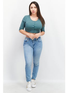 oysho Women Round Neck Elbow Sleeve Plain Crop Top, Green  - Image 4