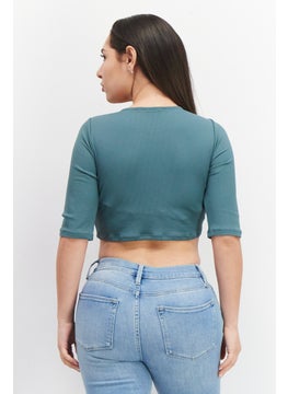 oysho Women Round Neck Elbow Sleeve Plain Crop Top, Green  - Image 2