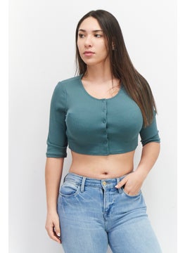 oysho Women Round Neck Elbow Sleeve Plain Crop Top, Green  - Image 1