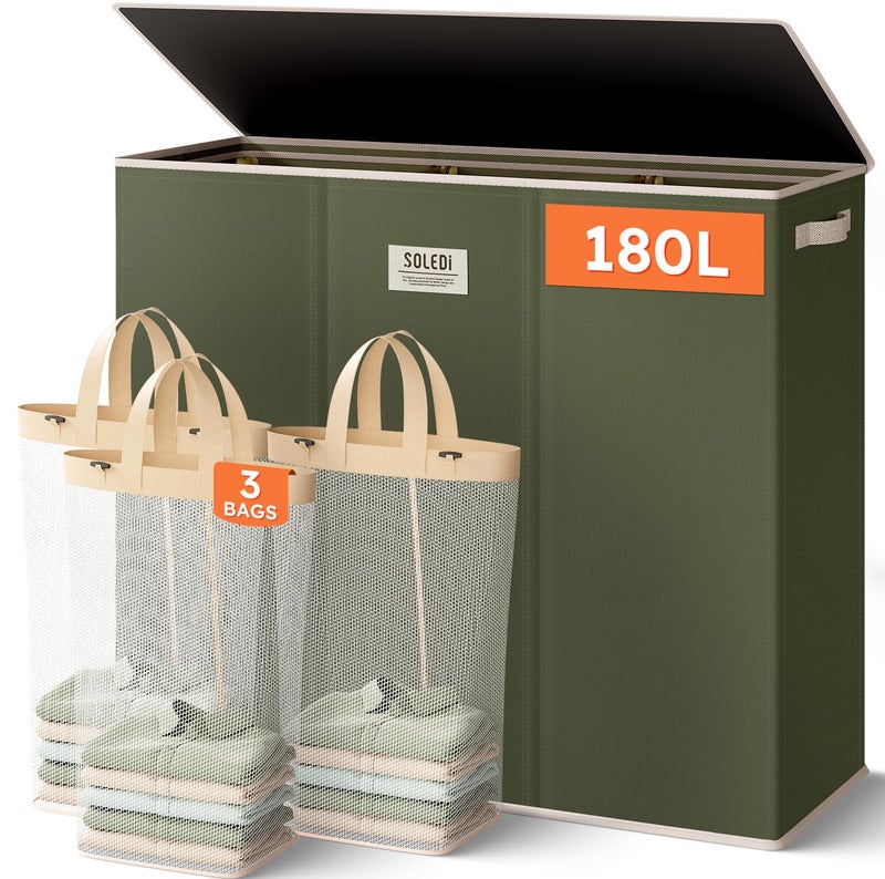 SOLEDI 180L 3-Section Laundry Hamper with Lid, Extra Large Dirty Clothes Basket with Sturdy Handles for Laundry Room & Bedroom - Durable Organizer for Sorting Laundry - Image 1