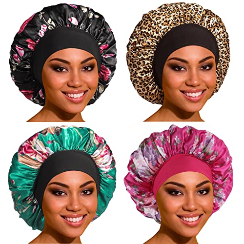 Roybens Satin Bonnet Silk Bonnet Hair Bonnet for Sleeping- 4 Pack Sleep Bonnets for Women with Wide Elastic Band for Curly Hair Braids - Image 1
