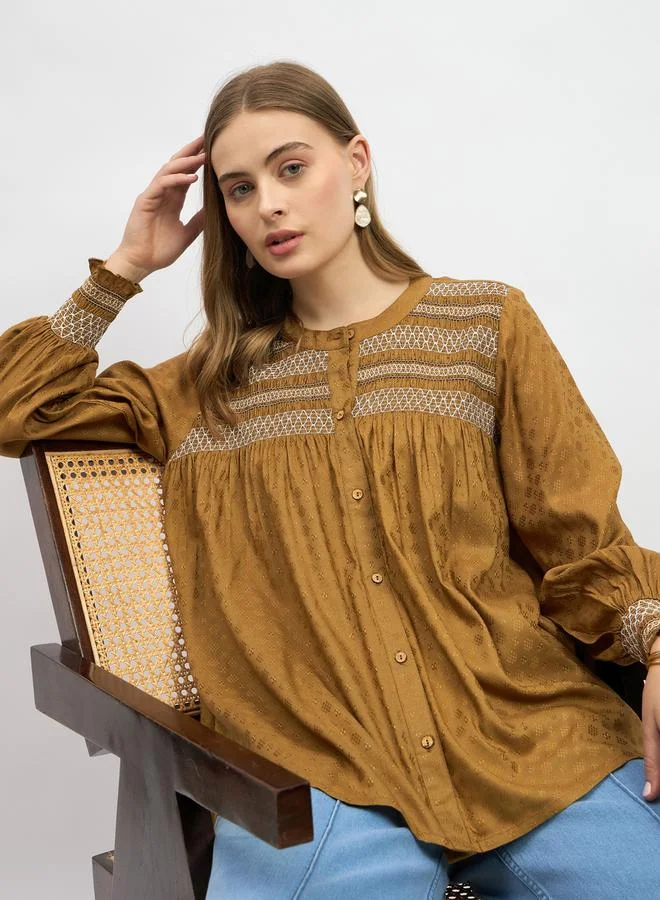 Styli Embroidered Balloon Sleeve Smocked Detail Top