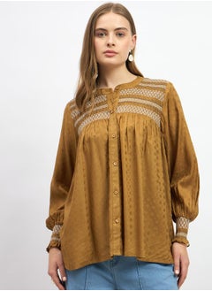 Styli Embroidered Balloon Sleeve Smocked Detail Top  - Image 2