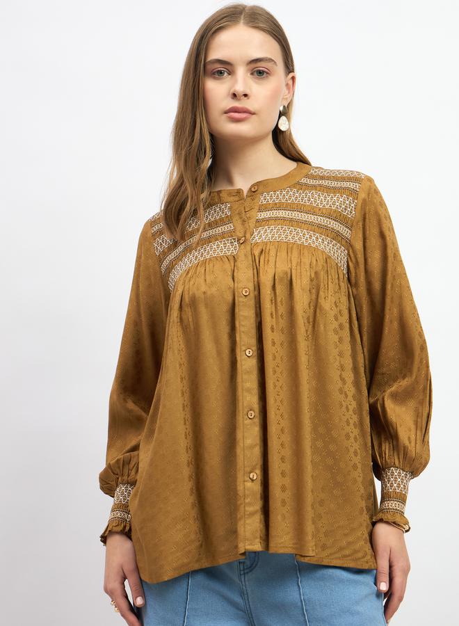 Styli Embroidered Balloon Sleeve Smocked Detail Top  - Image 2