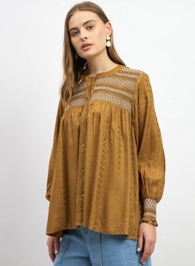 Styli Embroidered Balloon Sleeve Smocked Detail Top