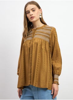 Styli Embroidered Balloon Sleeve Smocked Detail Top  - Image 3
