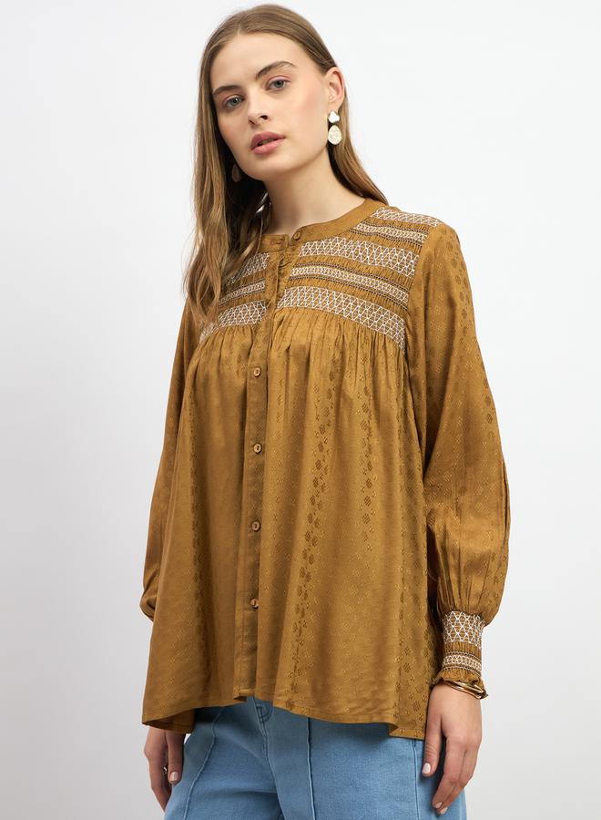 Styli Embroidered Balloon Sleeve Smocked Detail Top  - Image 3