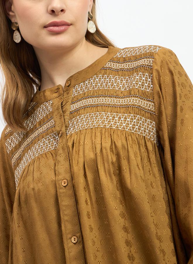 Styli Embroidered Balloon Sleeve Smocked Detail Top  - Image 4