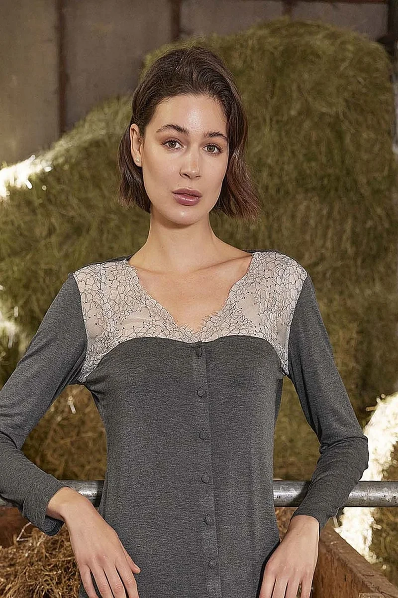Monamise 21108 Women's Long Sleeve Nightgown-Grey