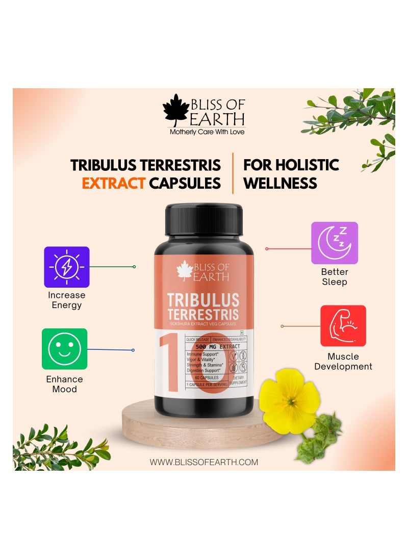 BLISS OF EARTH Bliss of Earth Tribulus Terrestris Extract Supplement For Men & Women, 500mg High Potency Gokshura Root Extract 60 Veg Capsules For Energy, Stamina & Muscle Growth  - Image 5