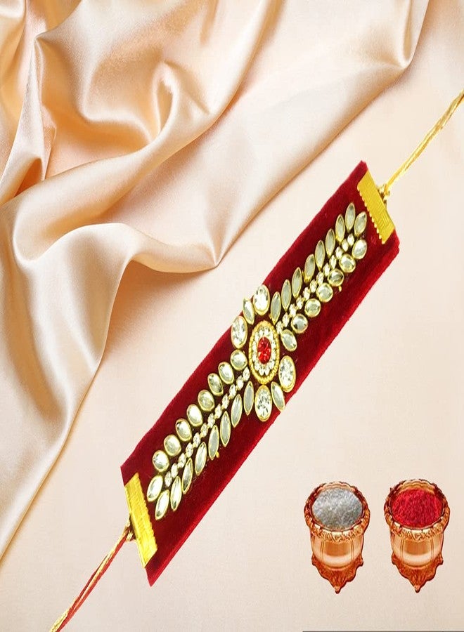 Evisha 2 Pcs Kundan Velvet Rakhi For Brother | Rakhi Combo-VR-1-2 || rakhi || rakhi set || rakhi for brother || rakhi for brother and bhabhi || rakhi combo || bhaiya bhabhi rakhi || rakhi gifts - Image 2
