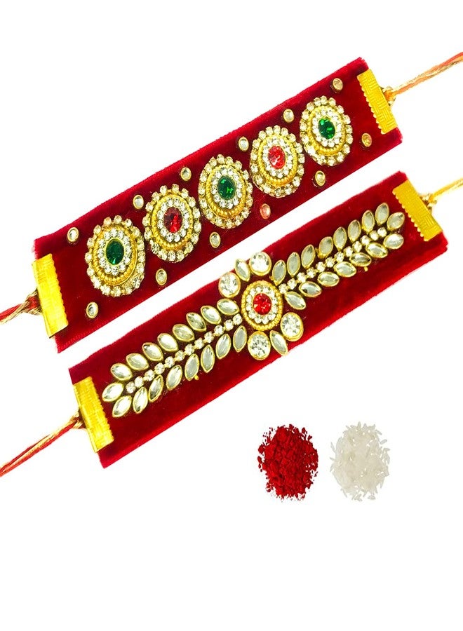 Evisha 2 Pcs Kundan Velvet Rakhi For Brother | Rakhi Combo-VR-1-2 || rakhi || rakhi set || rakhi for brother || rakhi for brother and bhabhi || rakhi combo || bhaiya bhabhi rakhi || rakhi gifts - Image 1