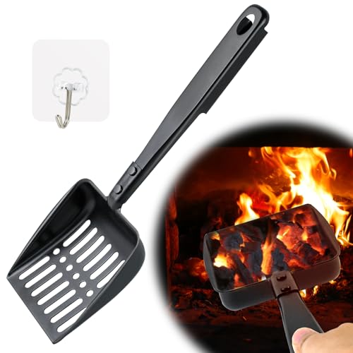 Fantang 13 Inch Hollow Out Fireplace Ash Sifter Metal Black Coal Shovel Heat Resistant Scoop Charcoal Shovel Tools With Self-Adhesive Hook for Wood Stove Indoor Fire Pit - Image 1