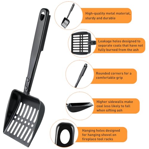 Fantang 13 Inch Hollow Out Fireplace Ash Sifter Metal Black Coal Shovel Heat Resistant Scoop Charcoal Shovel Tools With Self-Adhesive Hook for Wood Stove Indoor Fire Pit - Image 3