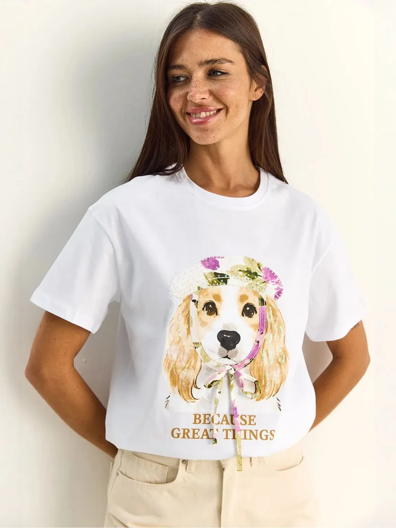 بيانكو لوتشي LUCCI Sequin Printed Crew Neck T-Shirt