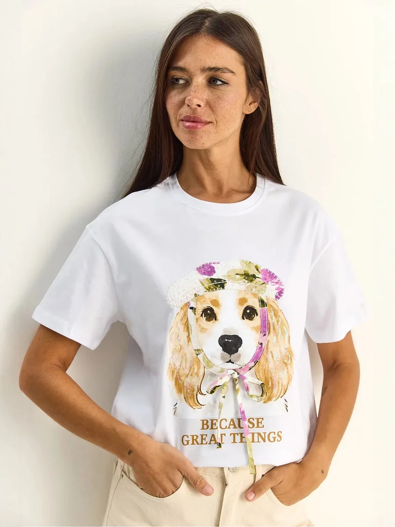 بيانكو لوتشي LUCCI Sequin Printed Crew Neck T-Shirt