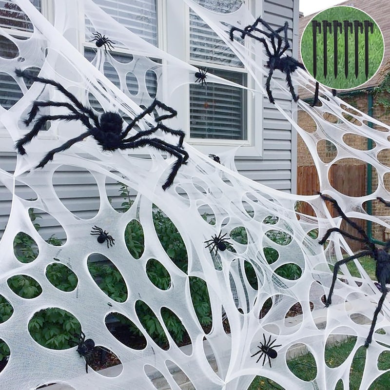 CESOF Giant Beef Netting Spider Web Halloween Decorations PreCut Spiderwebs Super Stretchy DIY Spider Webbing with Stakes Gauze Cobwebs for Haunted House Yard Garden Party Outdoor Decor1 - Image 2
