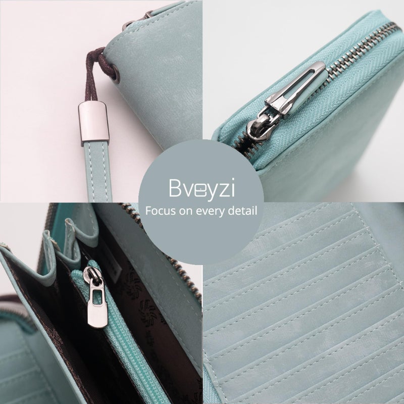 Bveyzi Women RFID Blocking Wallet Leather Zip Around Phone Clutch Large Capacity Ladies Travel Purse Wristlet (Purist Blue) - Image 3
