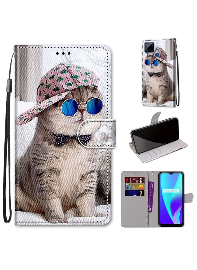 HuHa Case Cover For Realme C15 / C12 / C25 / 7i Global / Narzo 20 / 30A Coloured Drawing Cross Texture Horizontal Flip PU Leather Case with Holder & Card Slots & Wallet & Lanyard Slant Hat Blue Mirror Cat 